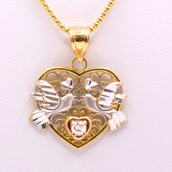 14K— Bird & heart pendant with a white stone & gold chain - Picture 3 of 3